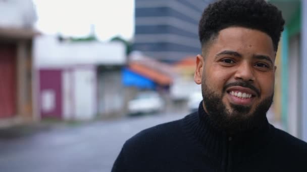 One Happy Young Black Brazilian Man Walking City Street Forward — Stock Video