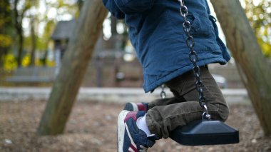 Sonbahar sezonunda parkta sallanan küçük bir çocuk. 3 yaşındaki çocuk dışarıda oynuyor.