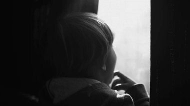 Trenin camına yaslanmış düşünceli bir yolcu tek renkli, siyah ve beyaz olarak yüksek hızlı ulaşım aracının içinden geçen manzaraya bakıyor.