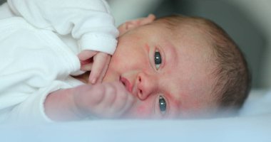 Infant newborn baby lying in bed observing
