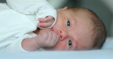 Infant newborn baby lying in bed observing