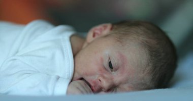 Adorable newborn baby infant smiling feeling happy discovering the world