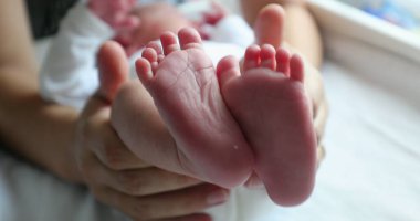 Baby newborn feet together after birth, frst days of life