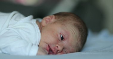 Newborn baby infant laying in bed being adorable and cute