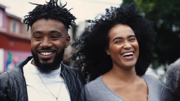 Happy Brazilian Group African Descent United Laughter Embrace Urban Street — Wideo stockowe