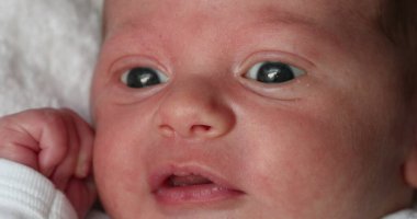 Newborn baby awake looking and learning closeup