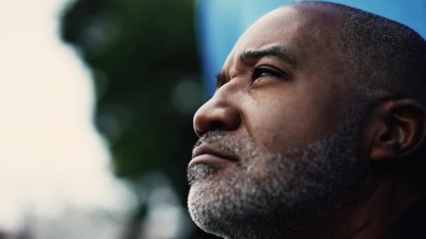 One Meditative Pensive Middle Aged Black Hispanic Man Closing Eyes — Stock Video