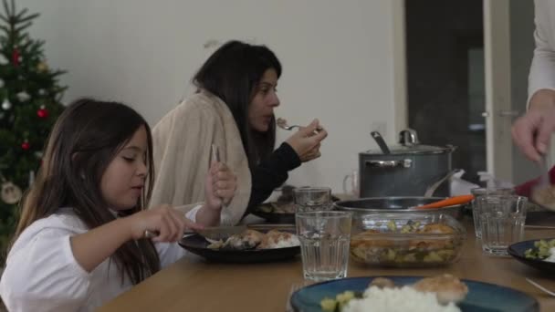 Οικογένεια Τρώει Μεσημεριανό Γεύμα Γυναίκα Σερβίρει Φαγητό Στο Πιάτο Ενώ — Αρχείο Βίντεο