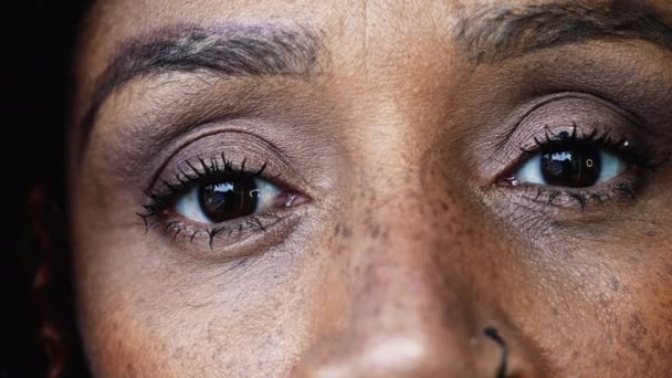 One Black Hispanic Middle Aged 50S Woman Macro Close Eyes — Stock Video
