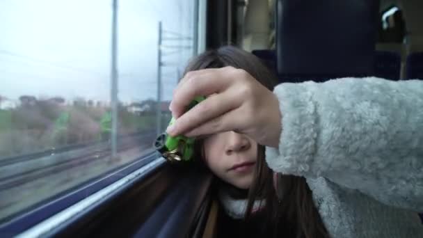 小さな女の子が電車で旅行中に車のおもちゃで遊んでいる 8歳の子供が遊びに従事し 風景が背景で通過する — ストック動画