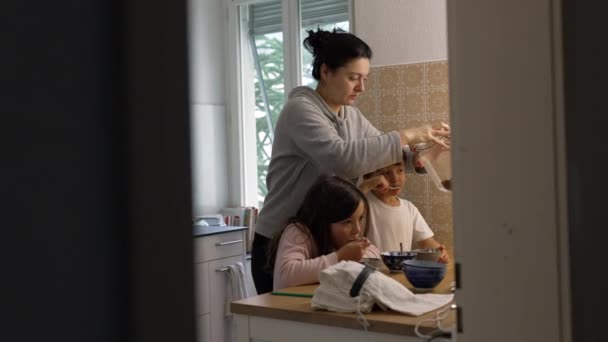 罐头妈妈和孩子们站在厨房里做饭 兄弟姐妹们 小男孩和妹妹们在真实的家庭生活场景中和妈妈一起做饭 — 图库视频影像