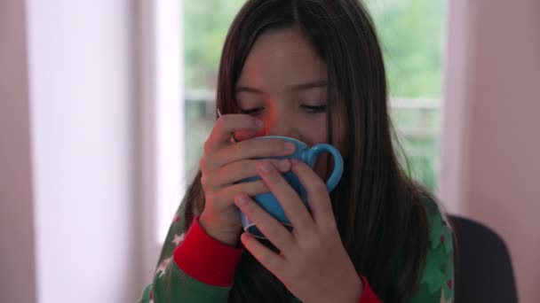 Ragazzina Che Beve Bevande Calde Durante Giornata Fredda Casa Bambino — Video Stock