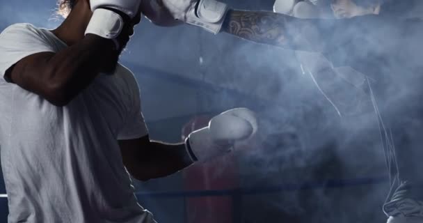 Бойцы Обмениваются Ударами Внутри Боксерского Ринга Замедленной Съемке Два Человека — стоковое видео