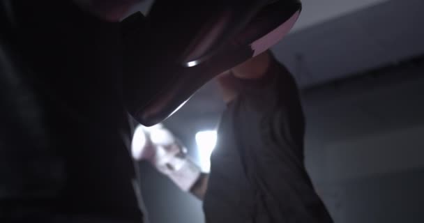 Güçlü Bacak Grevi Dövüşçü Mitt Eğitimindeki Yastıklı Pedlere Tekme Attı — Stok video