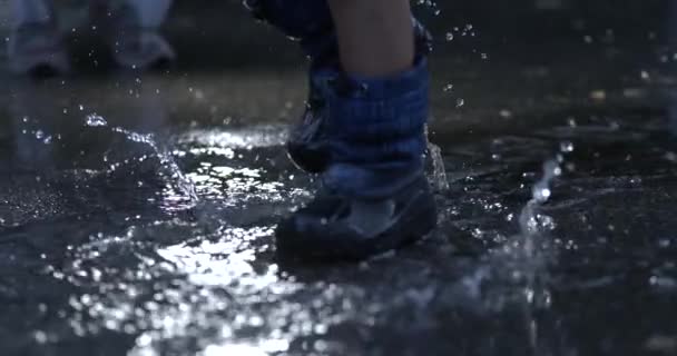 Puddle Plunge Passo Inicialização Criança Envia Gotas Água Subindo Magnificamente — Vídeo de Stock
