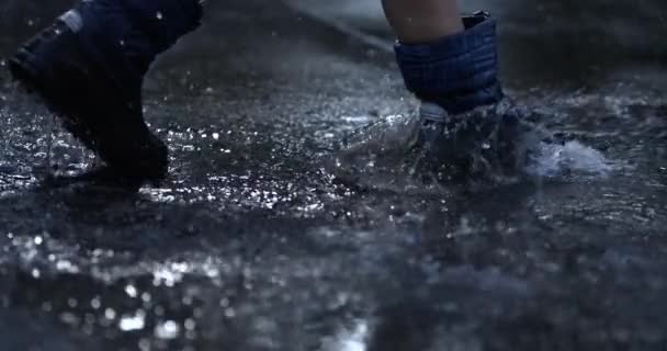 Splash Stroll Joyful Kid Marchas Através Puddles Enviando Gotículas Filmado — Vídeo de Stock