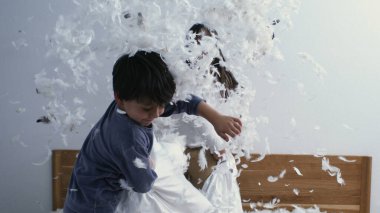 Eğlenceli Yastık Savaşında Mutlu Kardeşler, Uçan Tüyler, Süper Yavaş Hareket Yakalama