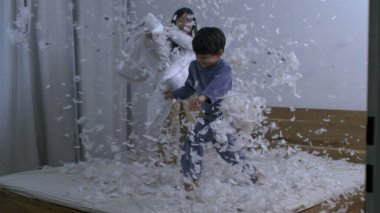 Uçan Tüylerle Çocuk Yastık Dövüşü 1.000 fp hızla Süper Yavaş Çekimde Yakalandı. Kardeşler kaygısız çocukluk mutluluğuyla eğleniyor.