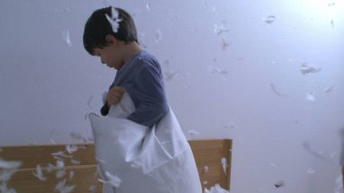 Küçük kardeş yastık savaşının ortasında kendini savunuyor. Her yerde tüyler uçuşan kız kardeşe karşı.