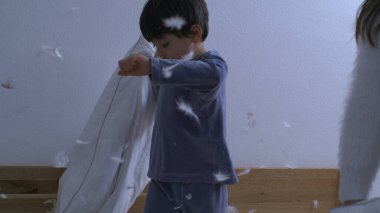 Yastık savaşı yapan çocuklar süper yavaş çekimde 1000 fps 'de yakalandılar. Havada uçuşan tüyleri olan küçük erkek ve kız kardeşler.