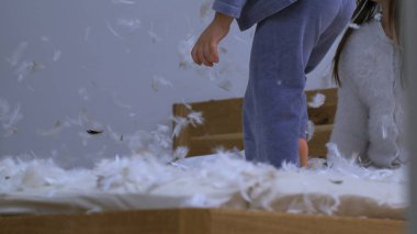 Yatak tüylerle kaplı, arka planda çocuklar var. Yastık savaşı sırasında ortalığı kirletiyorlar. Tüyler havada ağır çekimde uçuşuyor.