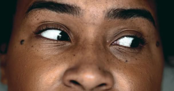 One Horrified Young Black Woman Macro Close Eyes Wide Open — Stock Video
