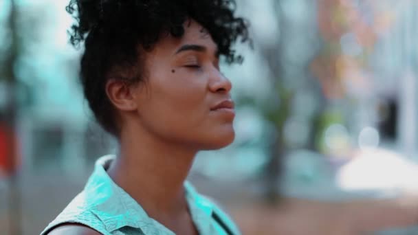 Una Joven Brasileña Negra Confiada Sudamérica Sonriendo Cámara Afuera Parque — Vídeo de stock