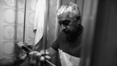 Banyo aynasına yaslanmış, stresli ve hayatın zorluklarından bunalmış umutsuz bir son sınıf öğrencisi. Duygusal krizde dramatik siyah-beyaz mücadele eden yaşlı kişi
