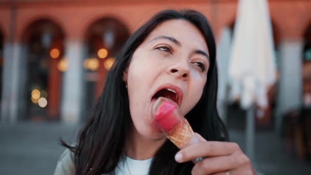Woman Relishing Ice Cream Gelato Cone Close Face 30S Female — Stock Video