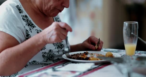 Старша Жінка Їсть Обід Крупним Планом Тарілку Руки Під Час — стокове відео