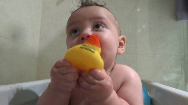 Küvetin içindeki sevimli bebek sarı ördeği ağzına sokuyor.