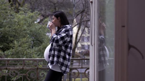 妊娠中の女性の平和なシーン アパートのバルコニーで立っているお茶を飲む 熟考で見る 新生児を期待する第3妊娠 — ストック動画
