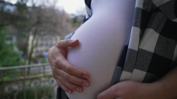 孕妇在公寓阳台旁等待新生儿8个月的爱抚 亲密的手柔爱抚 — 图库视频影像