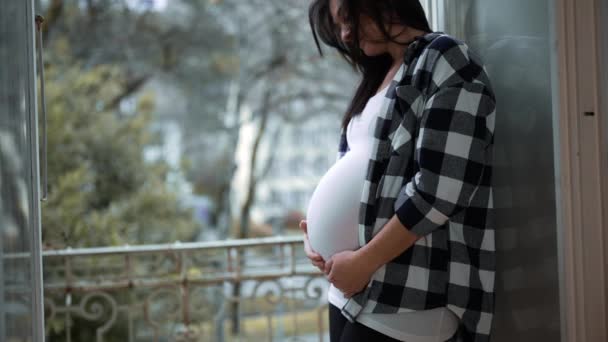 快乐的怀孕妇女拥抱母爱 带着兴奋的目光在平衡的公寓窗口爱抚她的美女 庆祝即将出生的生命 — 图库视频影像