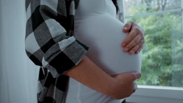 赤ちゃんを期待している閉じた妊婦は 背景にある木を見下ろす家の家の窓に立って 手の世話8ヶ月腹 — ストック動画