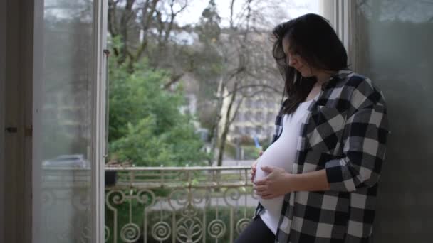 Close Íntimo Mãe Expectante Acariciando Amorosamente Barriga Aguardando Recém Nascido — Vídeo de Stock