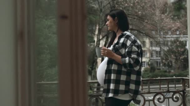 Беременная Женщина Балконе Горячим Напитком Глядя Пейзаж Тумане Лелея Моменты — стоковое видео