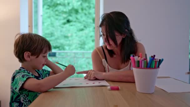 Mother Little Boy Homescholing Moment Doing Homework Connecting Dots — стоковое видео