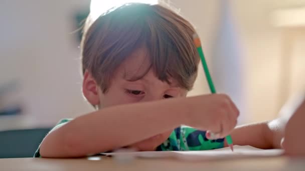 Liten Pojke Som Använder Penna Med Suddgummi Tips Och Barn — Stockvideo