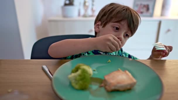 フォークで魚を食べるテーブルで座っている少年 ブループレート サーモンとブロッコリー — ストック動画
