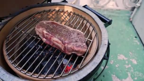 Churrasco Ação Verificando Lançando Bife Grade Portátil Cozinhar Carne Churrasco — Vídeo de Stock