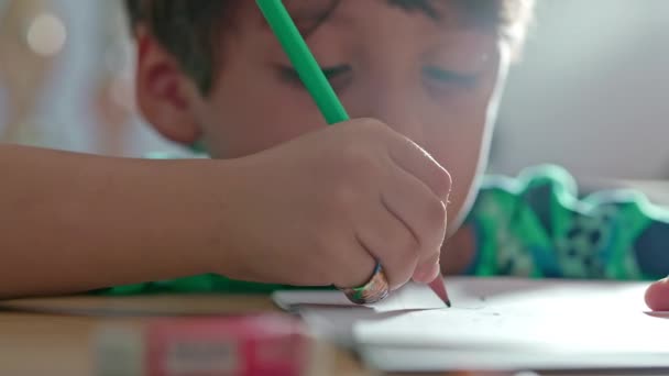 Little Boy Geeft Juiste Antwoorden Oefeningen Wijzend Met Potlood Papier — Stockvideo