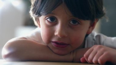 Masaya yaslanmış kameraya bakan 5 yaşındaki beyaz bir çocuğun portresi. Yakışıklı çocuğun yakın plan yüzü.