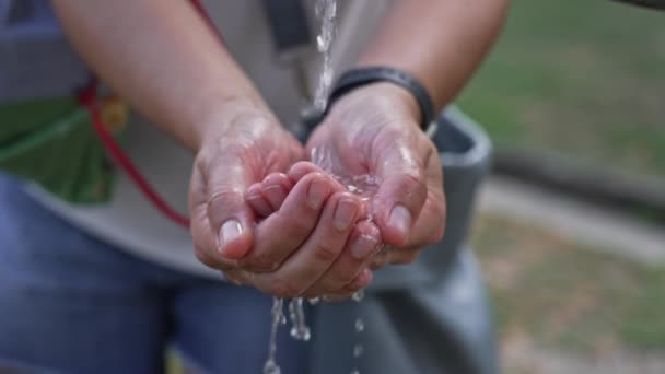 Saciando Sede Mãos Das Mulheres Coletando Água Torneira Formando Uma — Vídeo de Stock