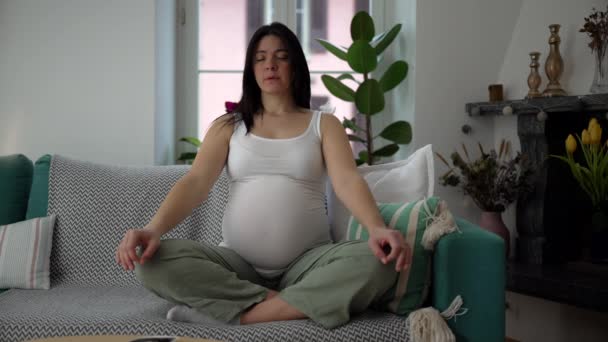 妊娠中の女性は 瞑想的なポーズで目を閉じて自宅のソファーで瞑想し 3番目の妊娠 静かな居住アパートでリラックスした30代女性 — ストック動画