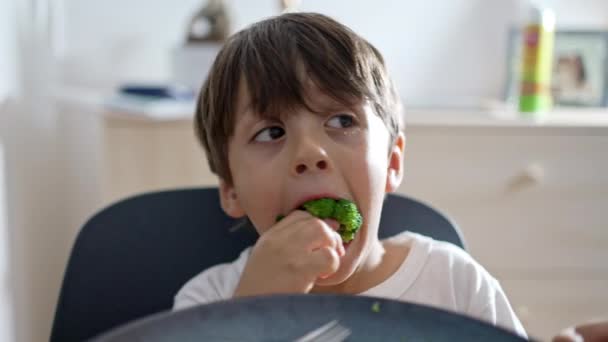 Mealtime Fun Young Boy Takes Big Bite Broccoli Nutritious Dinner — Stock Video
