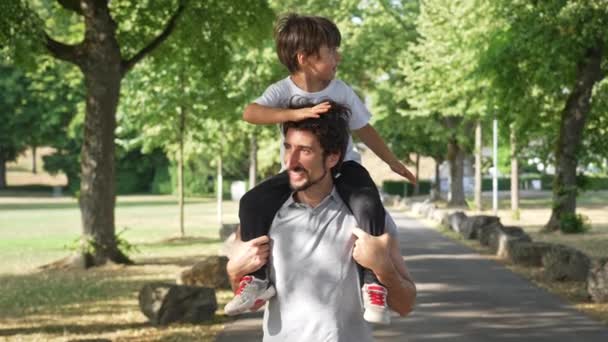Little Boy Has Fun Fathers Shoulders Walk Lush Park Piggyback — Stock Video