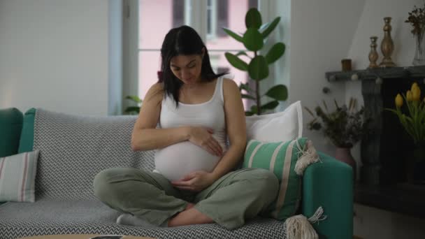 Zwangere Dertiger Jaren Vrouw Strelen Buik Zittend Bank Thuis Tijdens — Stockvideo