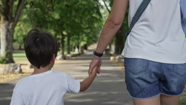 Mãe Filho Juntos Andando Mãos Dadas Através Parque Arborizado — Vídeo de Stock