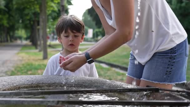 Amor Las Madres Saciar Sed Los Hijos Con Agua Fuente — Vídeos de Stock